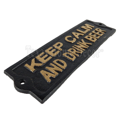 Keep Calm and Drink Beer Cast Iron Wall Plaque Sign Man Cave Black Gold Finish