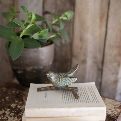 Bird on Branch Figurine Paperweight Verdigris Turquoise Antique Bronze Cast Iron