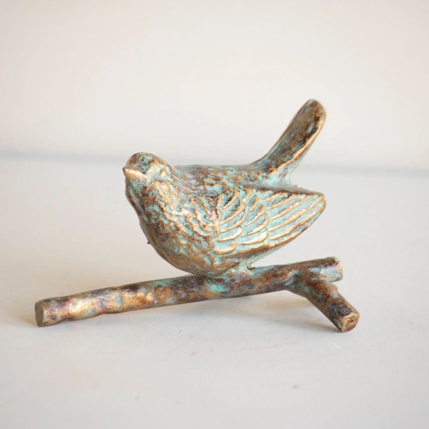 Bird on Branch Figurine Paperweight Verdigris Turquoise Antique Bronze Cast Iron