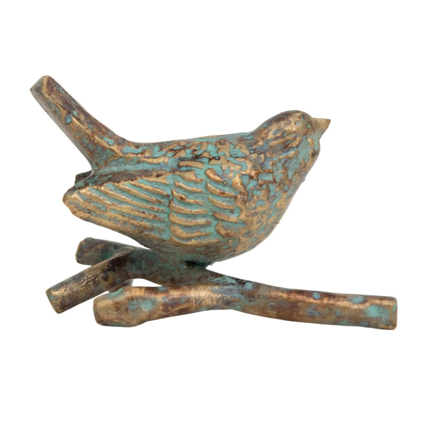 Bird on Branch Figurine Paperweight Verdigris Turquoise Antique Bronze Cast Iron