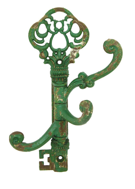 Victorian Key Swivel Wall Hook Coat Hanger Rack Green Rusted Antique Style Iron