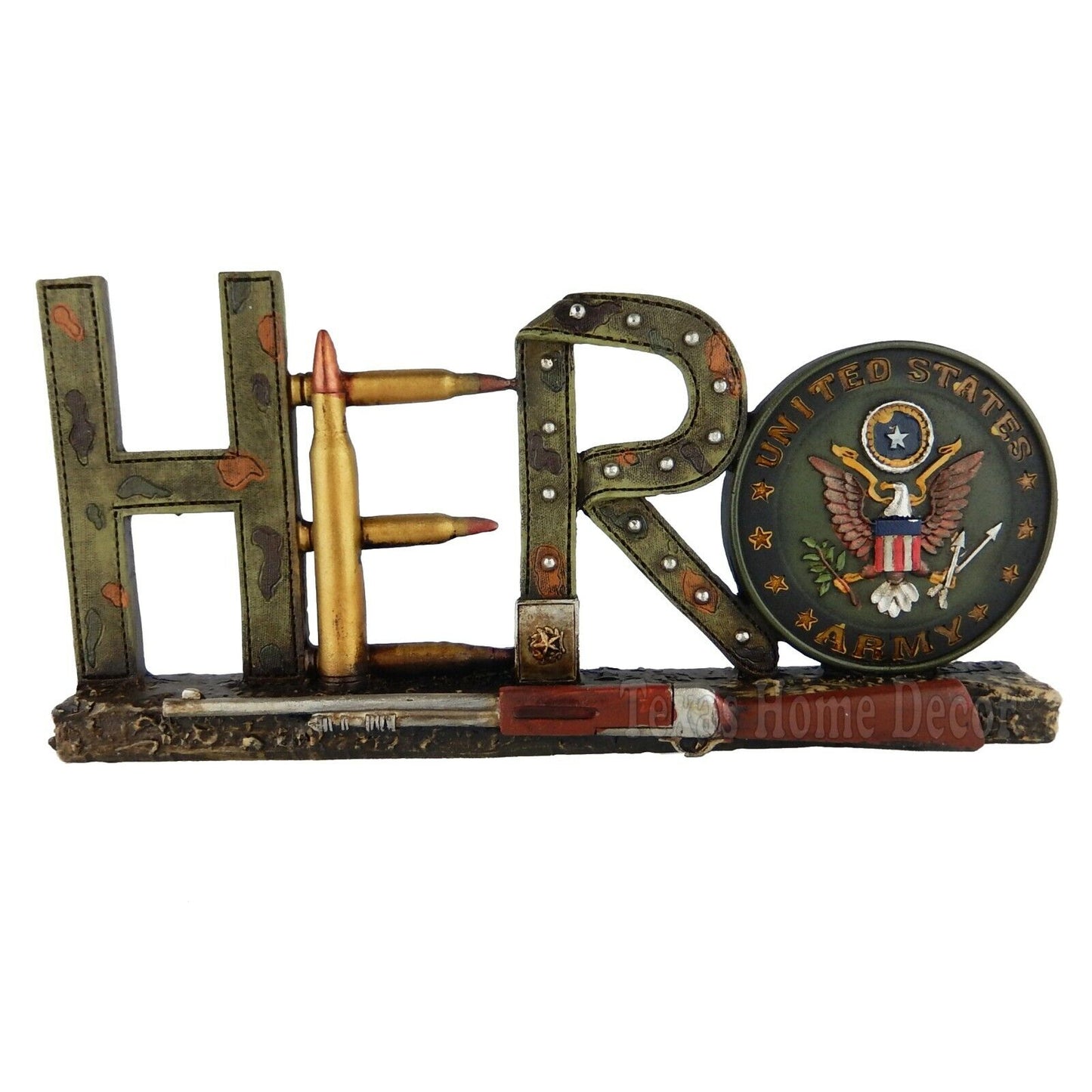 U.S. Army Hero Plaque Sign Rustic Finish Hand Painted Polyresin Bullets Rifle