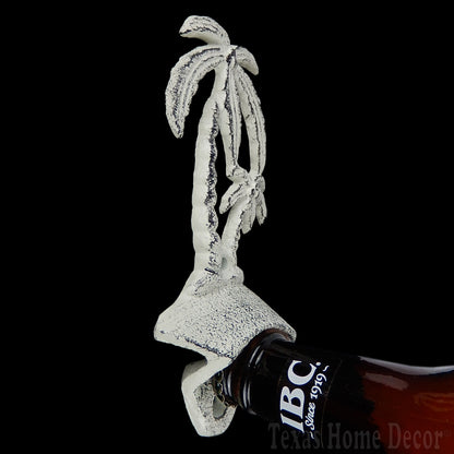 Palm Trees Bottle Opener Beer Soda Cast Iron Wall Mounted Rustic Off-White