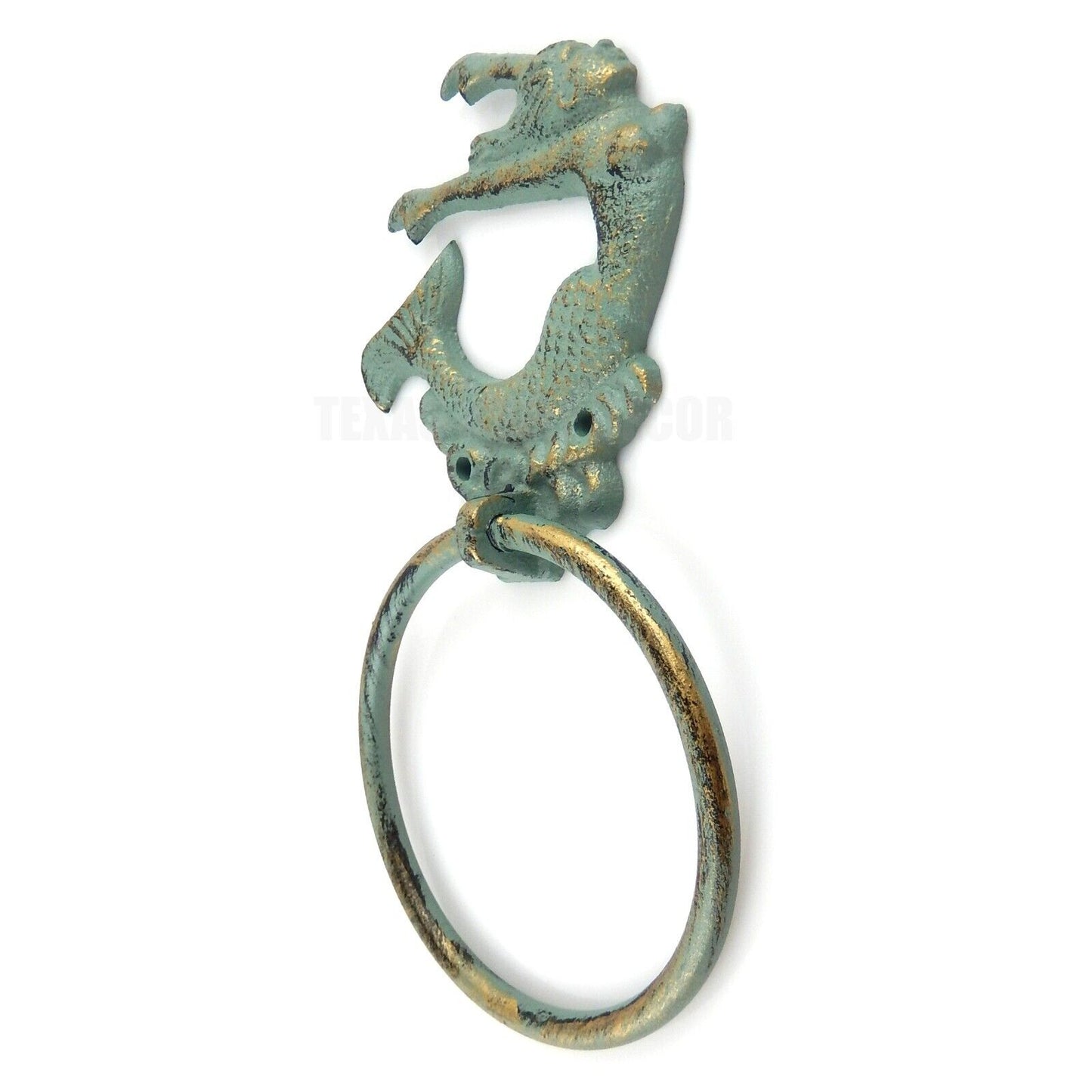 Mermaid Hand Towel Ring Wall Mounted Cast Iron Green Gold Patina Finish Nautical