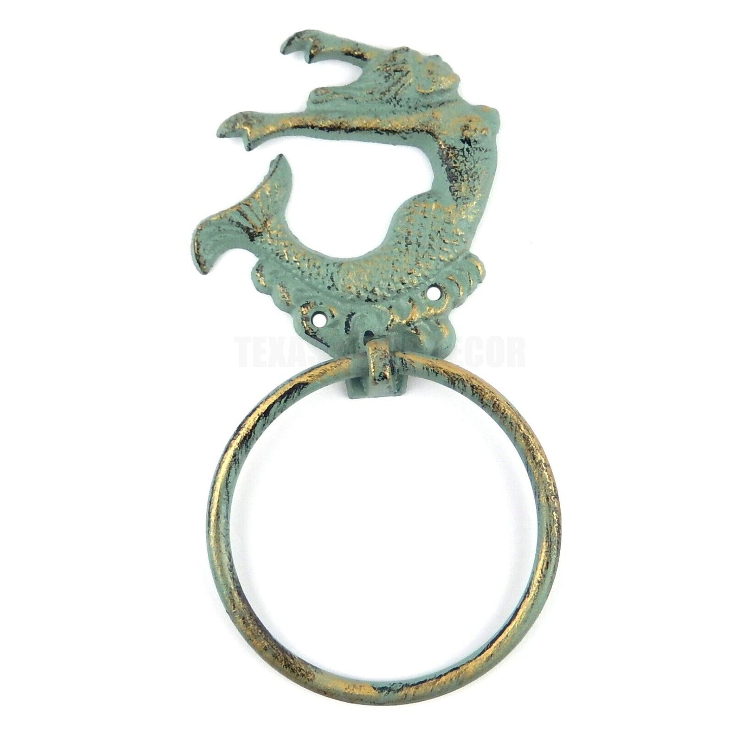 Mermaid Hand Towel Ring Wall Mounted Cast Iron Green Gold Patina Finish Nautical