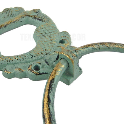 Mermaid Hand Towel Ring Wall Mounted Cast Iron Green Gold Patina Finish Nautical