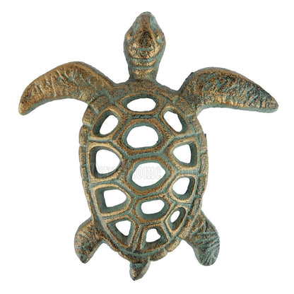 Sea Turtle Figurine Cast Iron Nautical Garden Pond Decor Green Gold Paper Weight