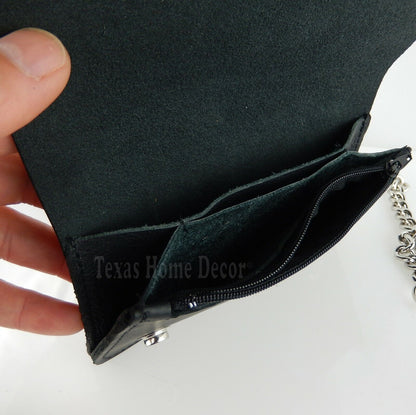 Black Smooth Chain Wallet Genuine Leather Silver Studs Biker Trucker Made in USA