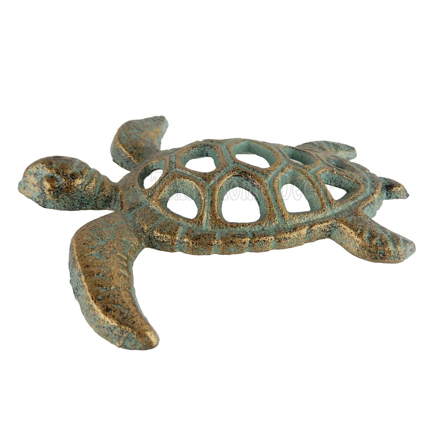 Sea Turtle Figurine Cast Iron Nautical Garden Pond Decor Green Gold Paper Weight