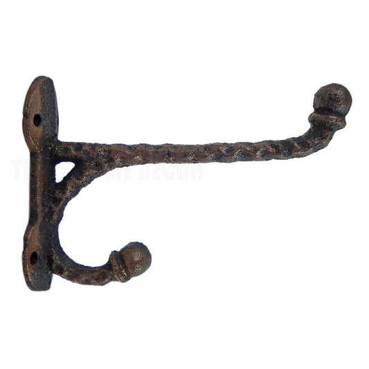 Cast Iron Double Wall Hook Coat Towel Hanger Hammer Forged Rippled Look Brown