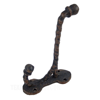 Cast Iron Double Wall Hook Coat Towel Hanger Hammer Forged Rippled Look Brown