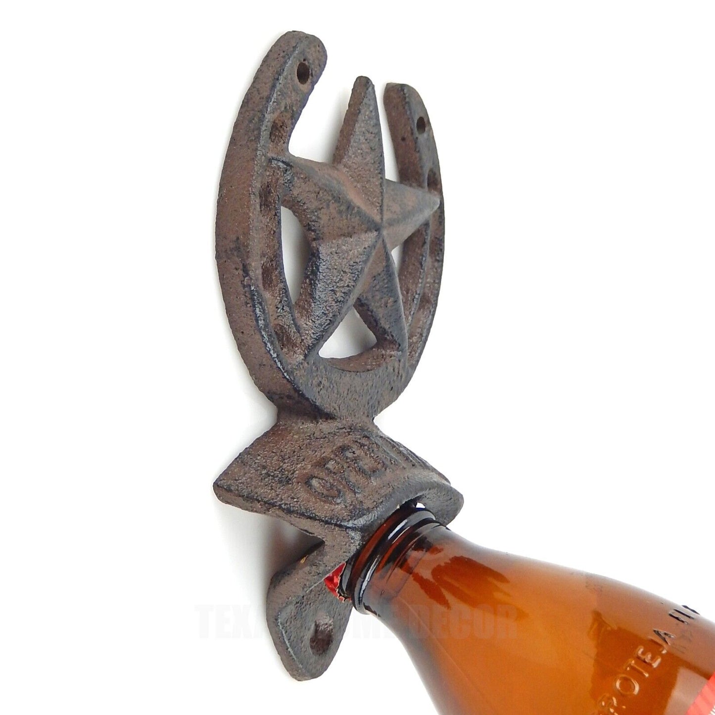 Cast Iron Horseshoe Star Open Here Beer Bottle Opener Wall Mount Rustic Western