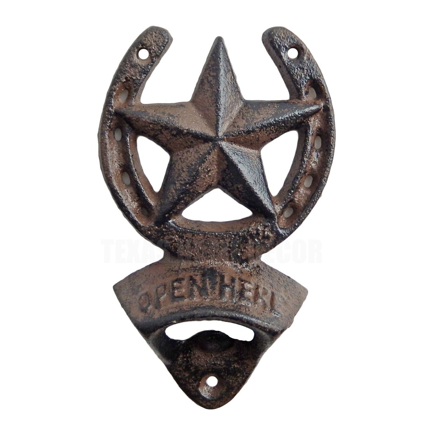 Cast Iron Horseshoe Star Open Here Beer Bottle Opener Wall Mount Rustic Western