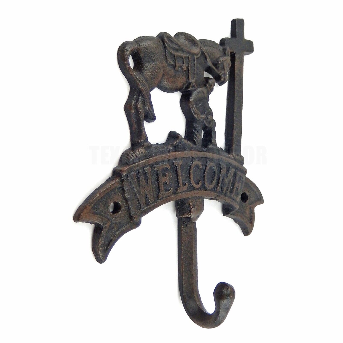 Welcome Kneeling Cowboy at Cross Horse Wall Hook Cast Iron Coat Hanger Black