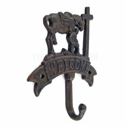 Welcome Kneeling Cowboy at Cross Horse Wall Hook Cast Iron Coat Hanger Black