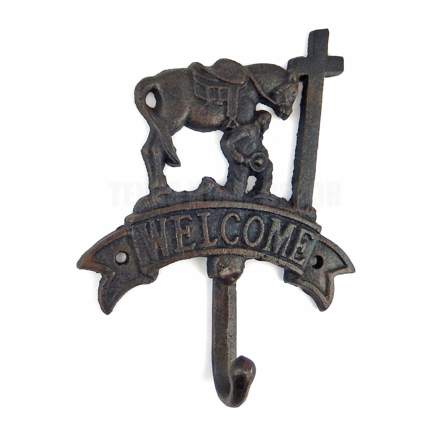 Welcome Kneeling Cowboy at Cross Horse Wall Hook Cast Iron Coat Hanger Black