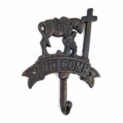 Welcome Kneeling Cowboy at Cross Horse Wall Hook Cast Iron Coat Hanger Black