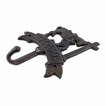 Welcome Kneeling Cowboy at Cross Horse Wall Hook Cast Iron Coat Hanger Black