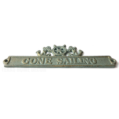 Cast Iron Gone Sailing Anchor Ships Wheel Wall Decor Sign Nautical Green Gold