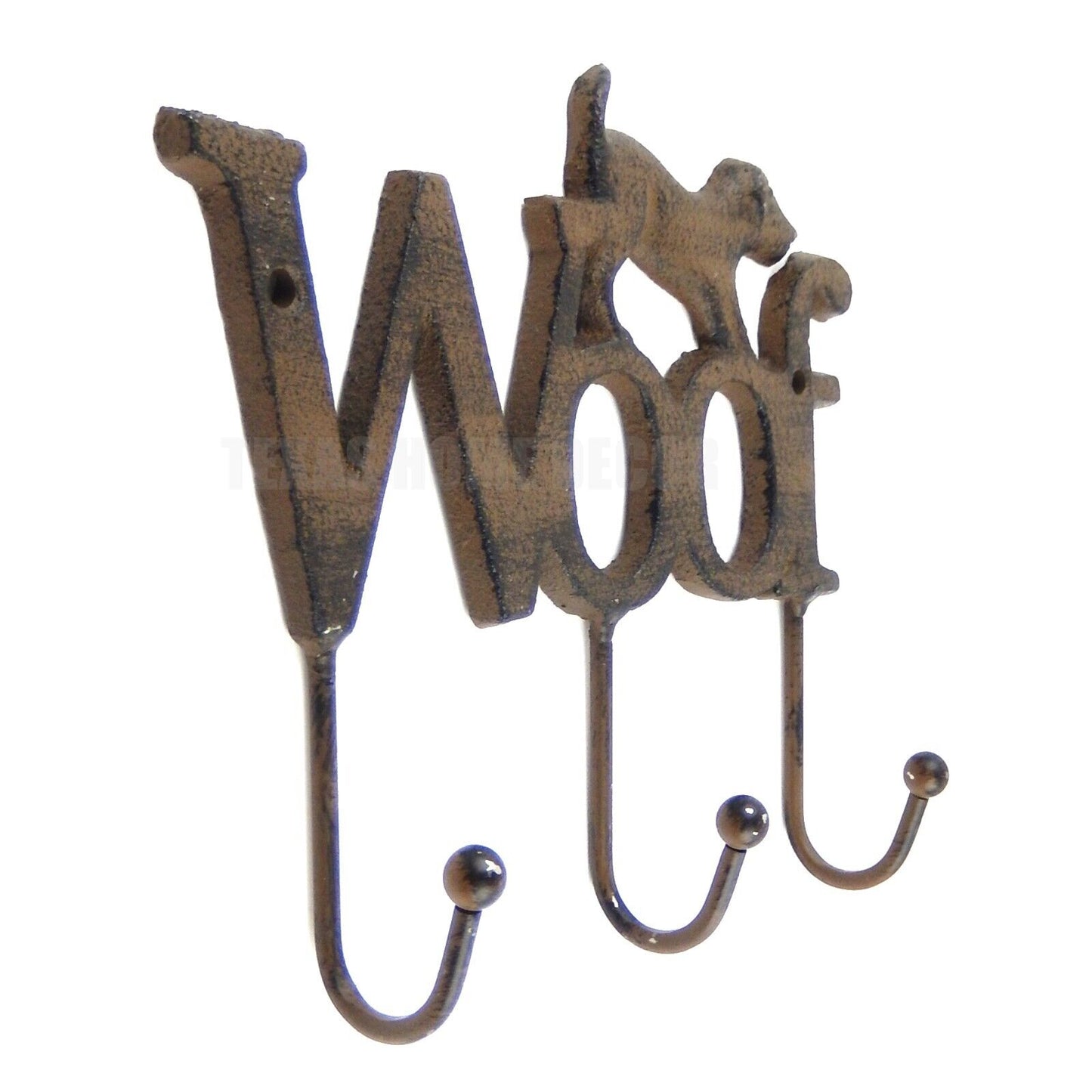 Woof Dog Leash Rack Wall Hooks Cast Iron Coat Key Towel Hanger Rustic Brown