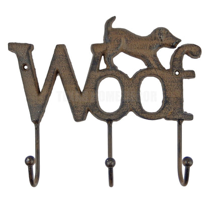 Woof Dog Leash Rack Wall Hooks Cast Iron Coat Key Towel Hanger Rustic Brown