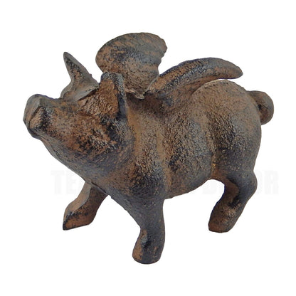 Cast Iron Flying Pig Figurine Rustic Statue Paperweight Garden Decor Brown