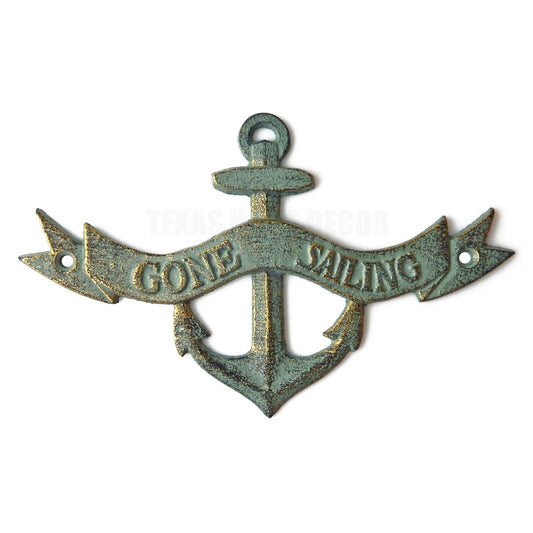 Cast Iron Anchor Gone Sailing Wall Plaque Sign Nautical Verdigris Patina Finish