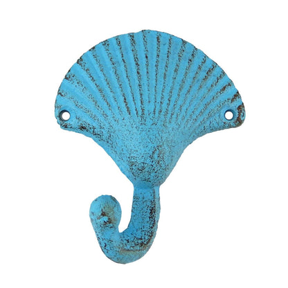 Cast Iron Seashell Wall Hook Rustic Blue Nautical Key Towel Coat Hanger