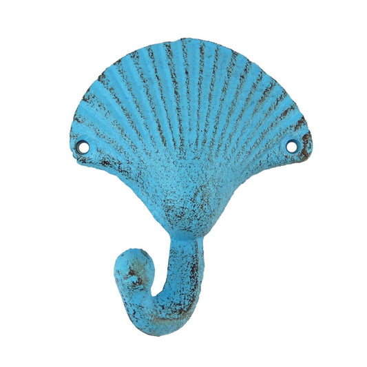 Cast Iron Seashell Wall Hook Rustic Blue Nautical Key Towel Coat Hanger