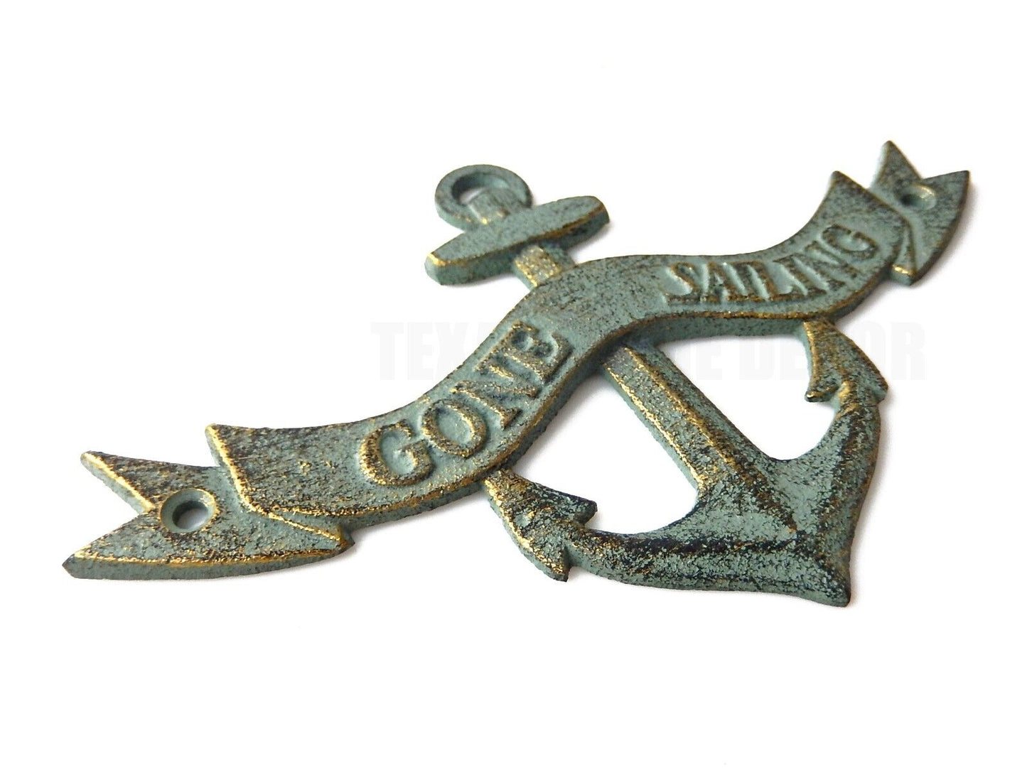 Cast Iron Anchor Gone Sailing Wall Plaque Sign Nautical Verdigris Patina Finish