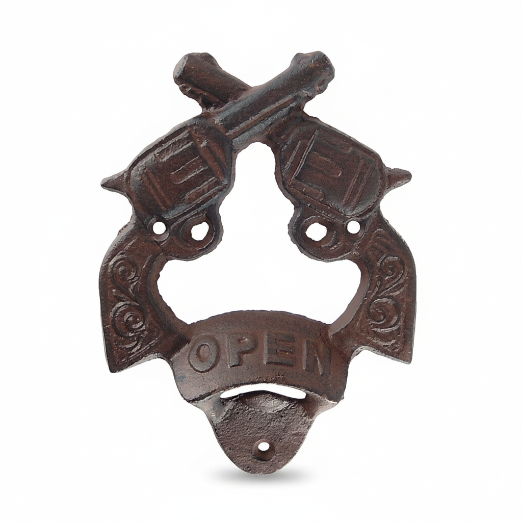 Decorative bottle opener with revolver design on a white background