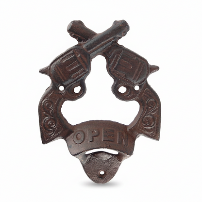 Decorative bottle opener with revolver design on a white background