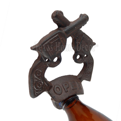 Crossed Guns Bottle Opener Rustic Cast Iron Wall Mount Western Antique Style