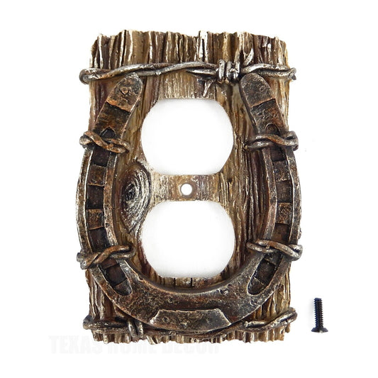 Horseshoe Barbed Wire Outlet Plug Plate Cover Rustic Western Faux Wood Look