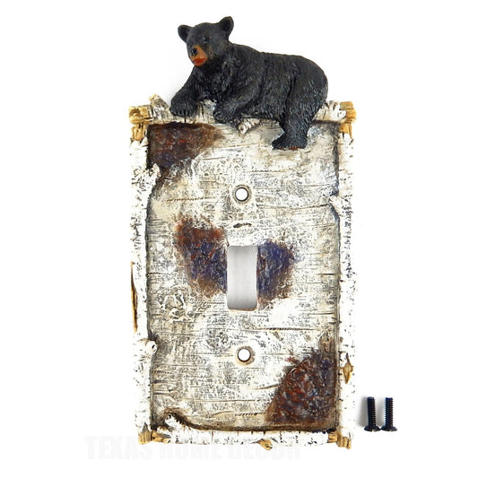 Black Bear Single Switch Toggle Plate Cover Rustic Birch Faux Wood Look