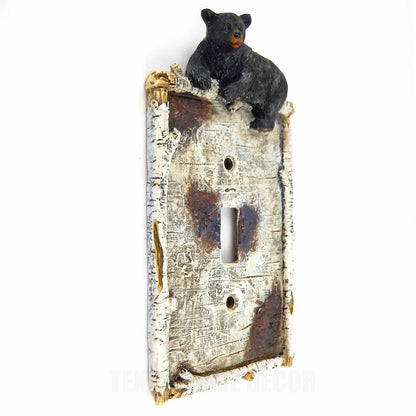 Black Bear Single Switch Toggle Plate Cover Rustic Birch Faux Wood Look