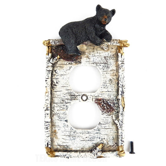 Black Bear Single Outlet Plug Plate Cover Rustic Birch Faux Wood Look