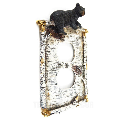 Black Bear Single Outlet Plug Plate Cover Rustic Birch Faux Wood Look