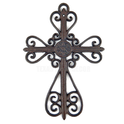 Floral Scrolls Wall Cross Cast Iron Rustic Brown Victorian Style 13 x 9 inch