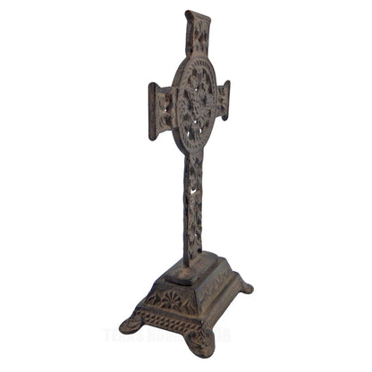 Celtic Floral Standing Cross Cast Iron Rustic Brown Antique Style 10 in Tall