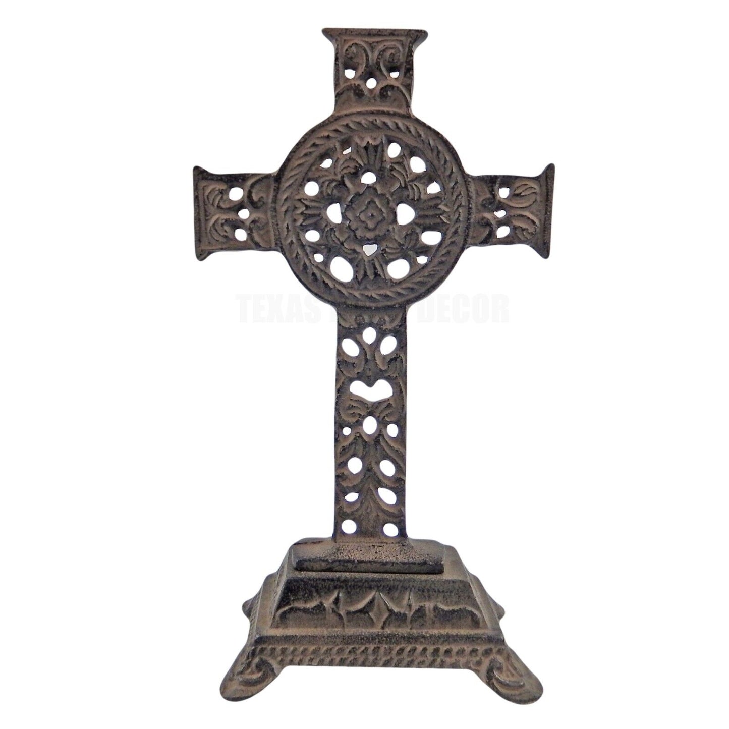 Celtic Floral Standing Cross Cast Iron Rustic Brown Antique Style 10 in Tall