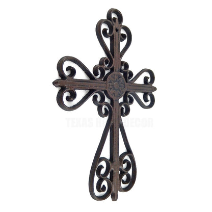 Floral Scrolls Wall Cross Cast Iron Rustic Brown Victorian Style 13 x 9 inch