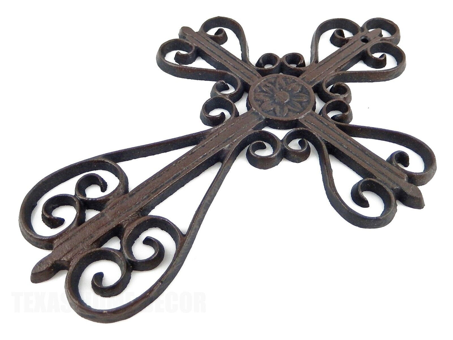 Floral Scrolls Wall Cross Cast Iron Rustic Brown Victorian Style 13 x 9 inch