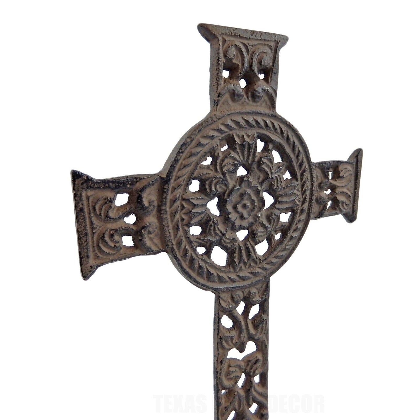 Celtic Floral Standing Cross Cast Iron Rustic Brown Antique Style 10 in Tall