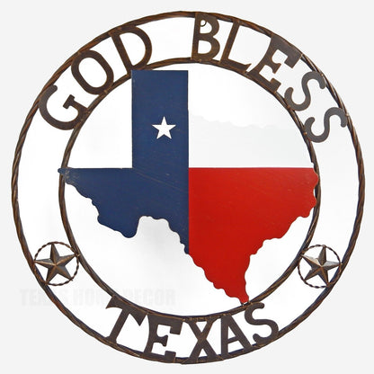 Metal God Bless Texas Stars Map Flag Wall Decor Rustic Brushed Copper 24 inch