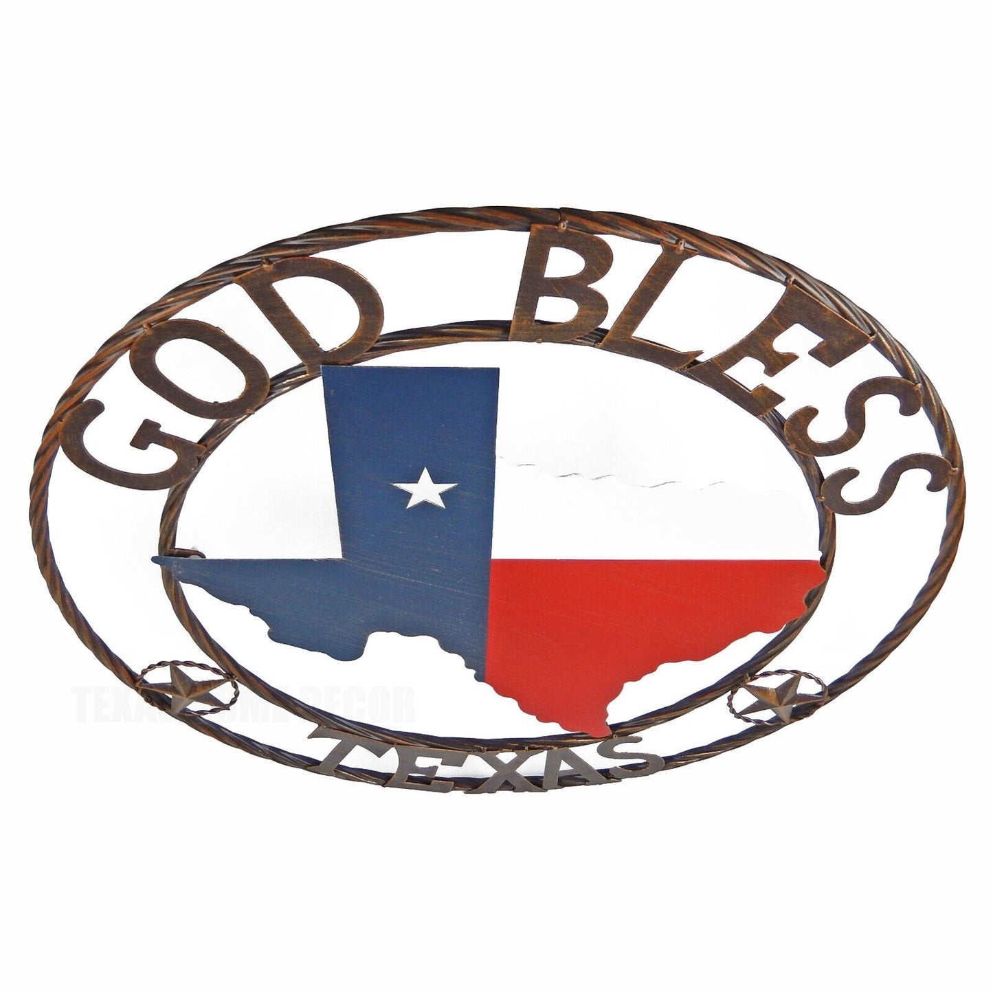 Metal God Bless Texas Stars Map Flag Wall Decor Rustic Brushed Copper 24 inch