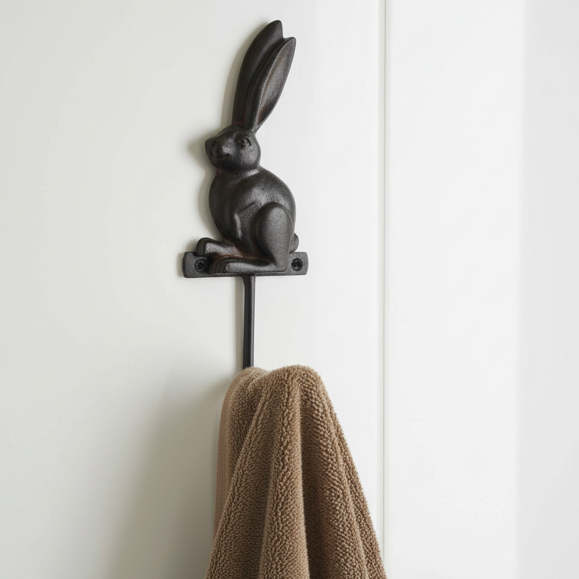 Bunny Rabbit Wall Hook Key Towel Coat Hanger Rustic Brown Wrought Iron