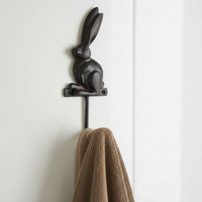 Bunny Rabbit Wall Hook Key Towel Coat Hanger Rustic Brown Wrought Iron