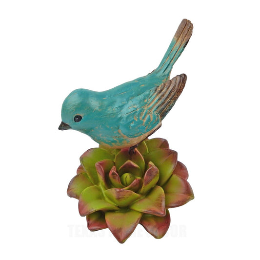 Colorful Perching Bird On Succulent Flower Figurine Hand Painted Resin