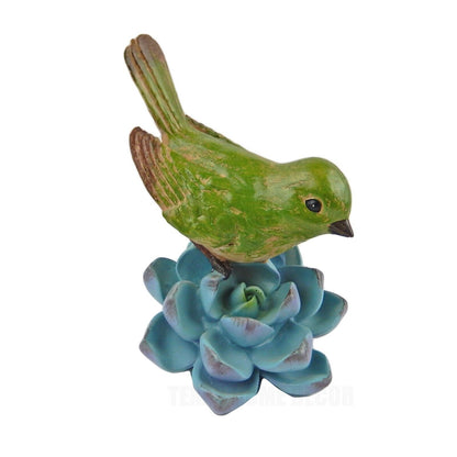 Colorful Green Perching Bird On Succulent Flower Figurine Hand Painted Resin